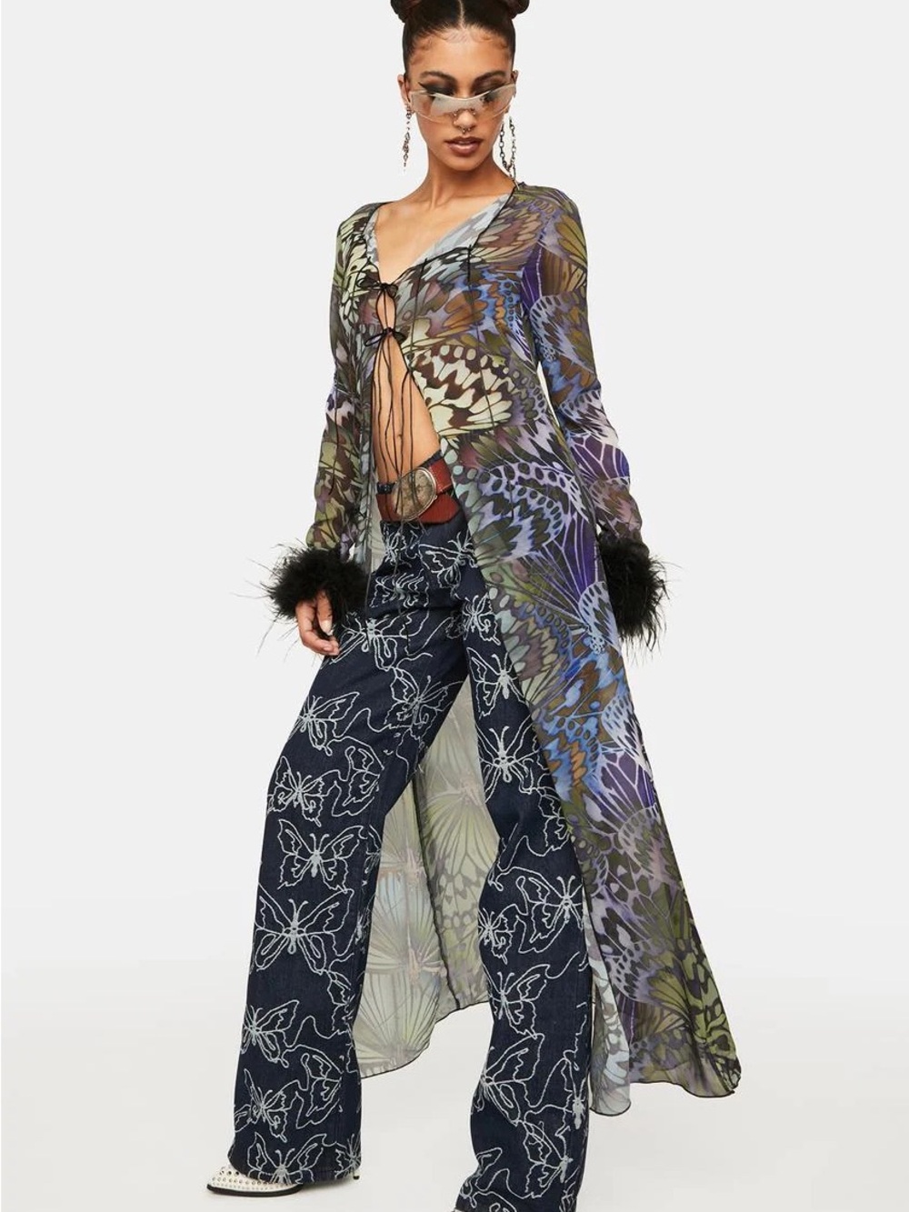 Jaded London Front Chiffon Kimono Feather Cuffs